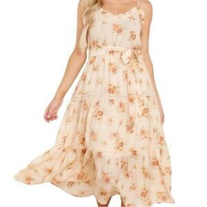 Mine Floral Midi Dress L Large Orange‎ Lace Floral Cottagecore Prairie Whimsy